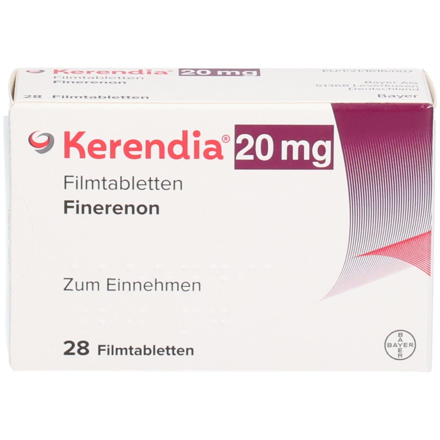 Kerendia 20 mg Filmtabletten, Finerenon. Packung mit 28 Tabletten.