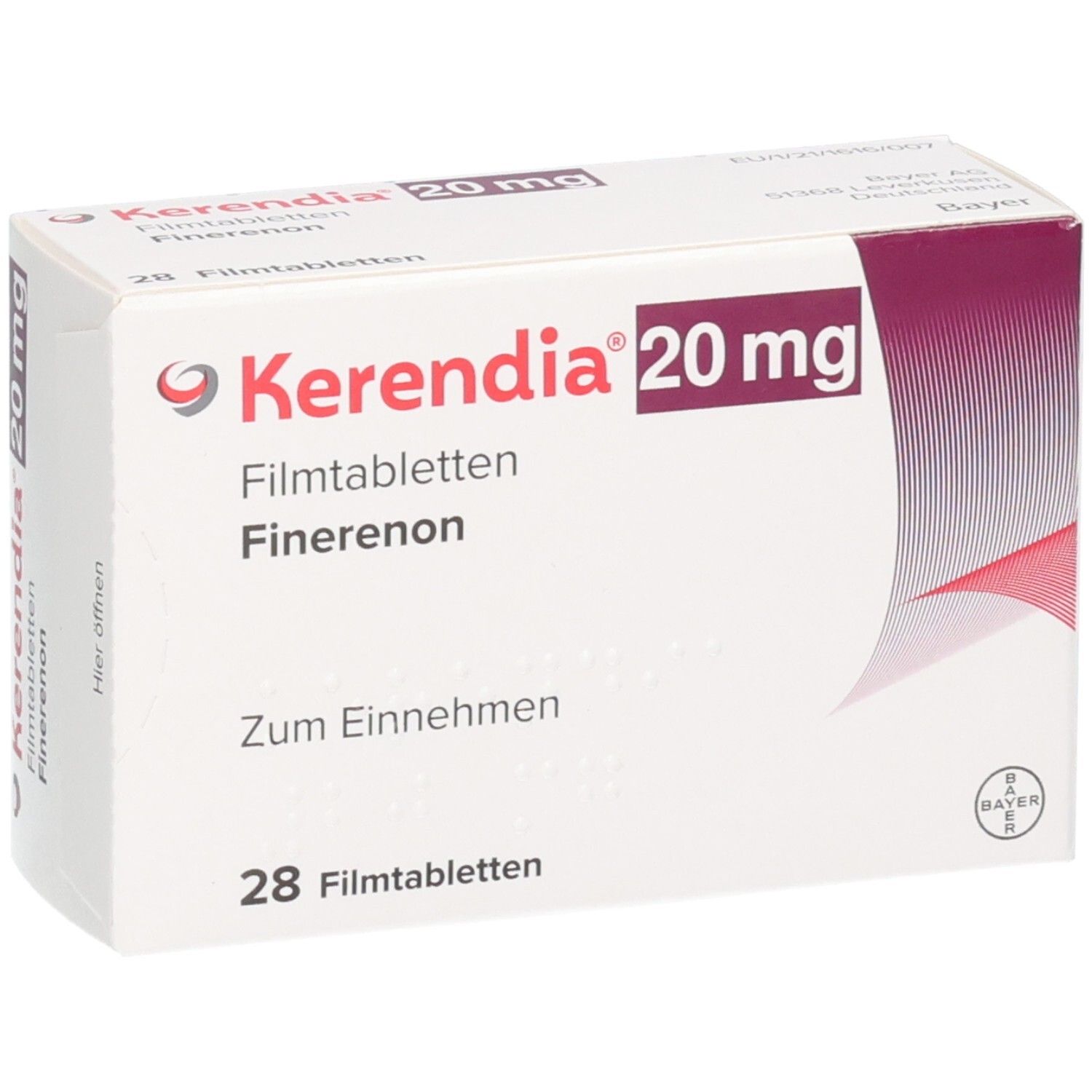 Kerendia 20 mg Filmtabletten, Finerenon. Packung mit 28 Tabletten.