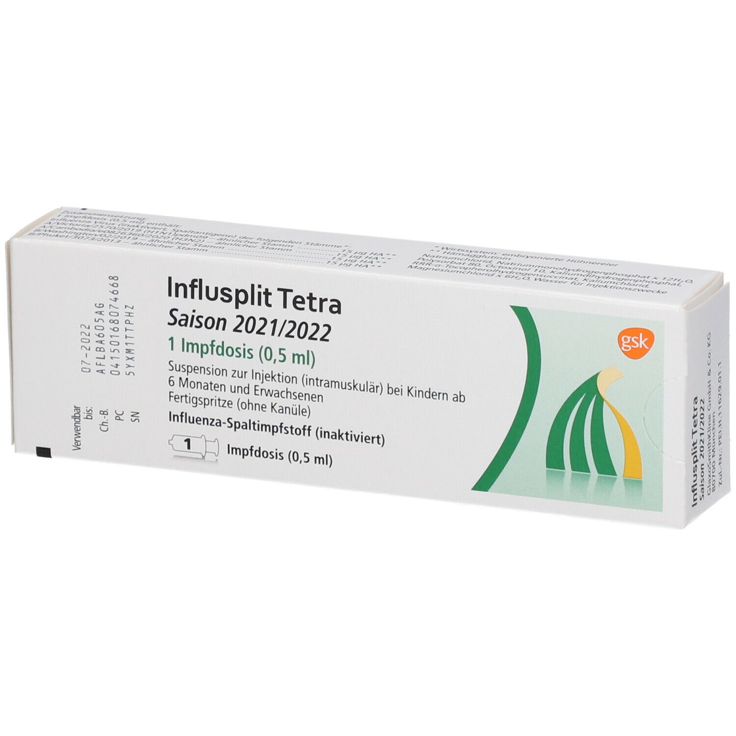 Karton von Influsplit Tetra Saison 2021/2022. 1 Impfdosis (0,5 ml). Für Kinder ab 6 Monaten und Erwachsene. Fertigspritze.