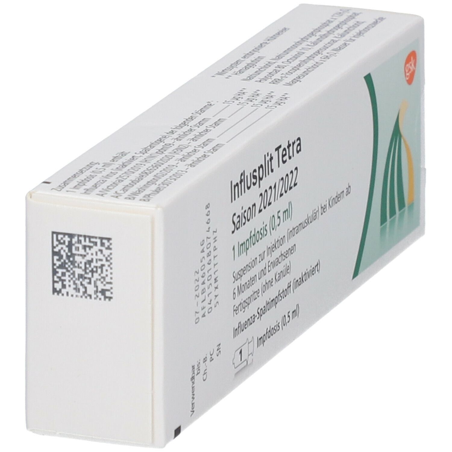 Karton von Influsplit Tetra Saison 2021/2022. 1 Impfdosis (0,5 ml). Für Kinder ab 6 Monaten und Erwachsene. Fertigspritze.