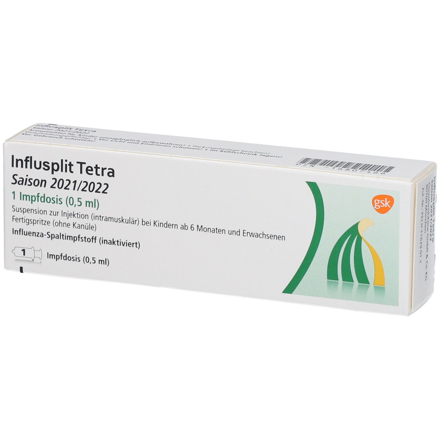 Karton von Influsplit Tetra Saison 2021/2022. 1 Impfdosis (0,5 ml). Für Kinder ab 6 Monaten und Erwachsene. Fertigspritze.
