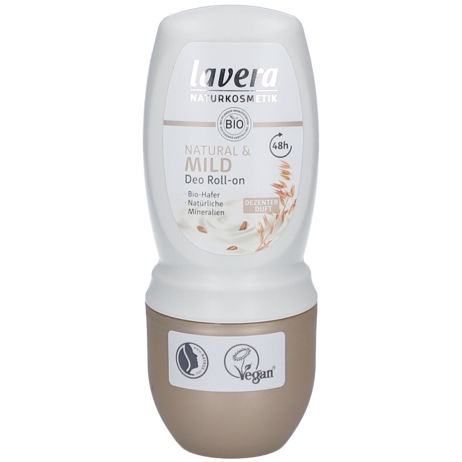 Deo Roll-on mit weißem Deckel und braunem Boden. Aufschrift: lavera, NATURAL & MILD, BIO. Vegan-Siegel.