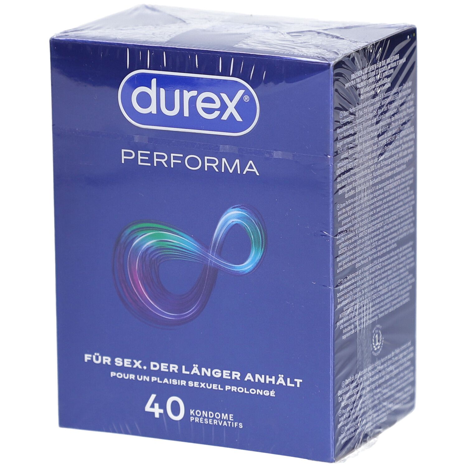 Durex Performa Kondome, Packung mit 40 Stück. Blaue Verpackung mit Logo und Produktbezeichnung.