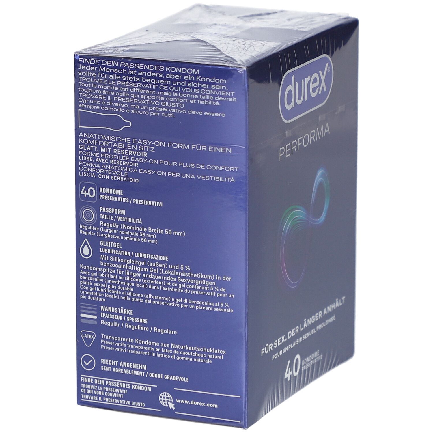 Durex Performa Kondome, Packung mit 40 Stück. Verpackung zeigt Produktinformationen und Logo.