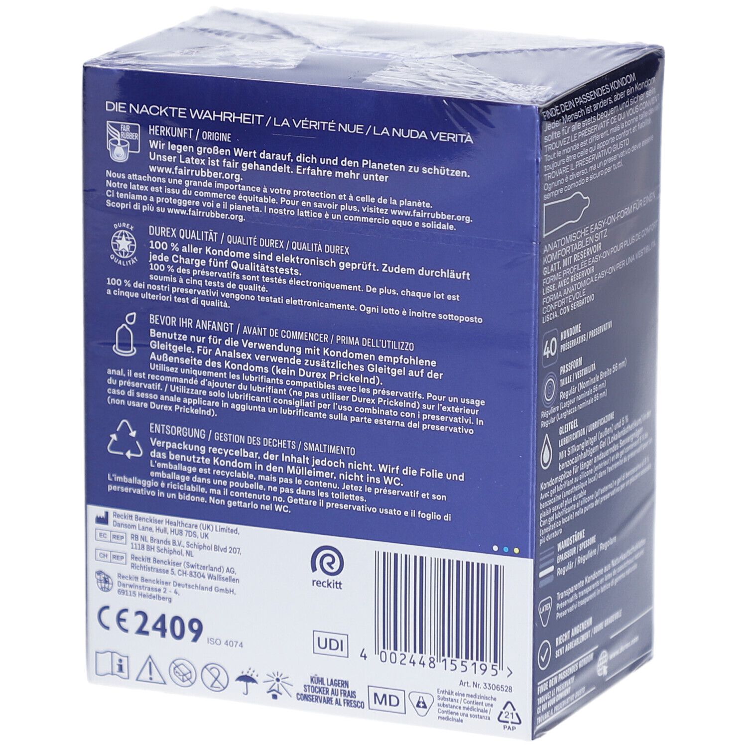 Rückseite der Durex Performa Kondom-Verpackung. Enthält Informationen, Logos und Zertifizierungen.