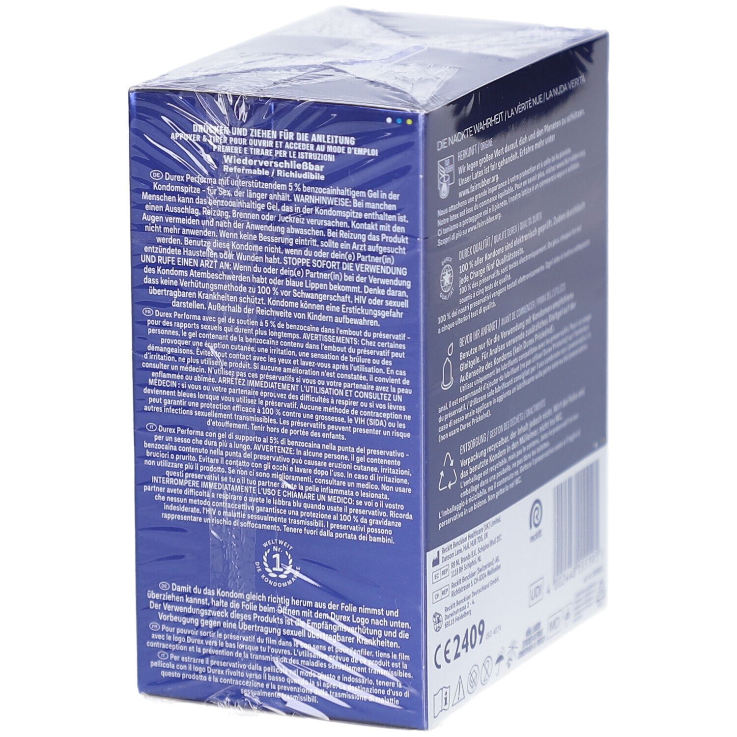 Durex Performa Kondom-Verpackung, Detailansicht. Enthält Informationen und Anweisungen.