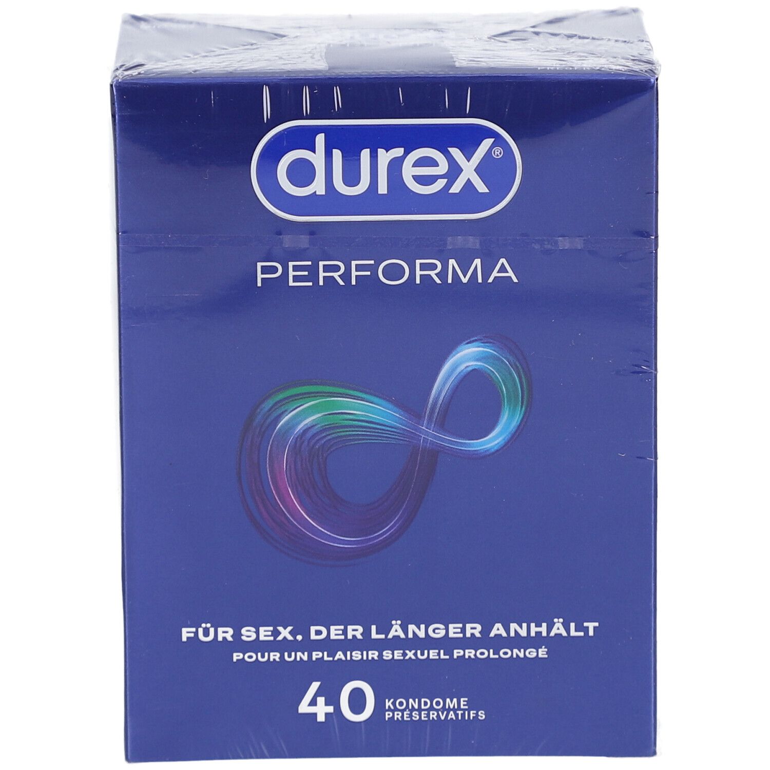 Durex Performa Kondome, Packung mit 40 Stück. Blaue Verpackung mit Logo und Produktbezeichnung.