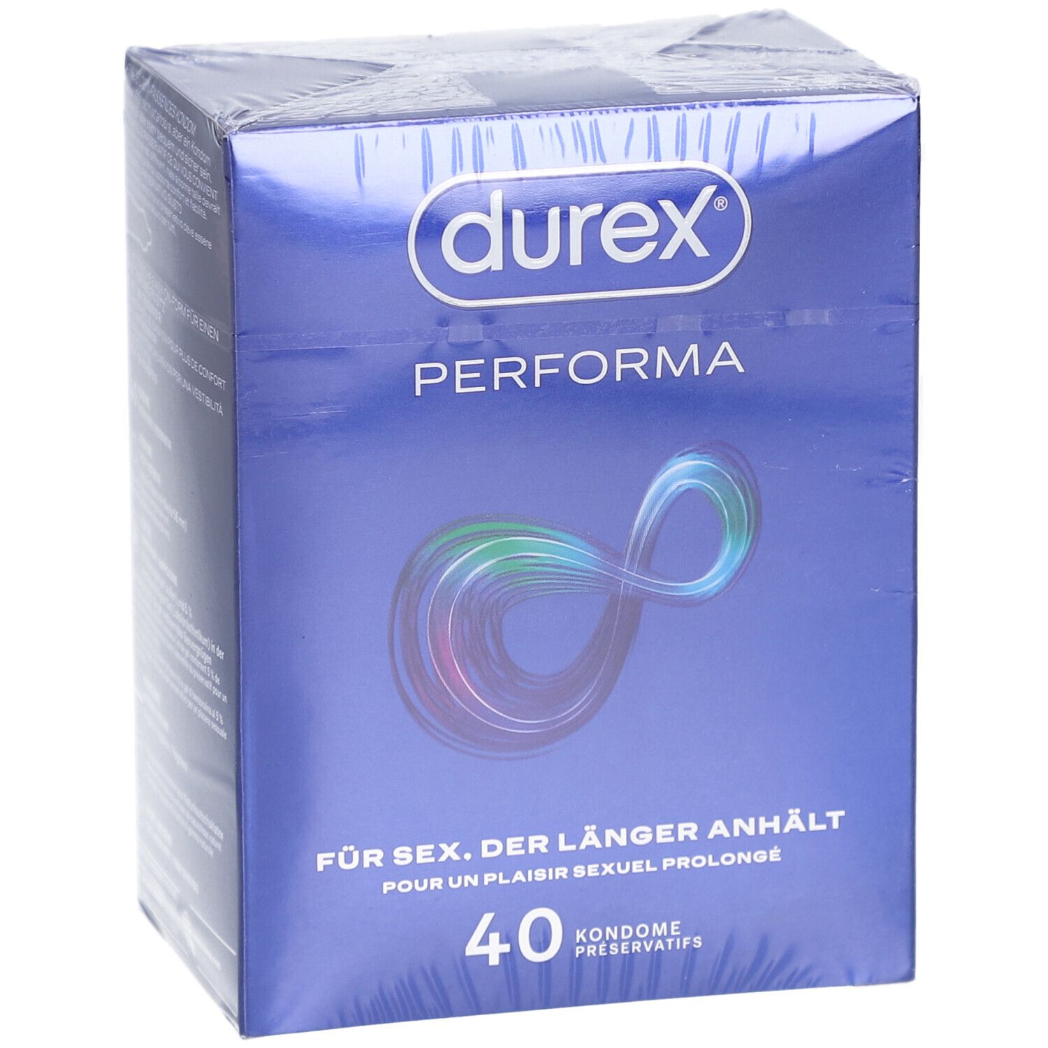 Durex Performa Kondome, Packung mit 40 Stück. Blaue Verpackung mit Logo und Produktbezeichnung.