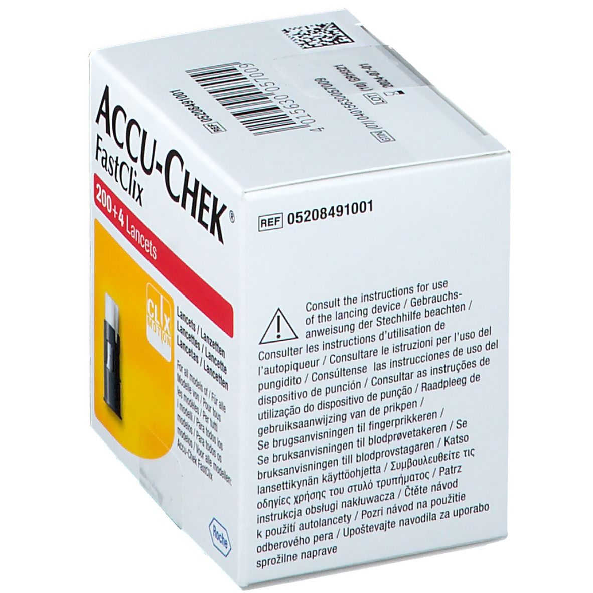 ACCU-CHEK FastClix Lanzetten, 200+4 Stück. Rückseite der Verpackung mit Anwendungshinweisen.