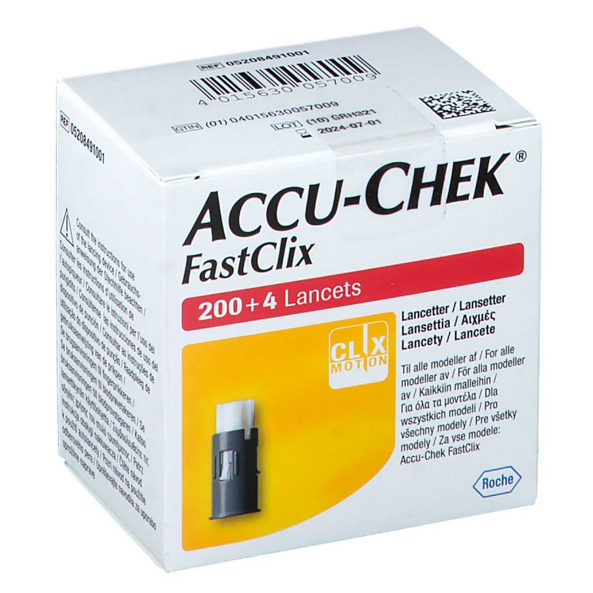 ACCU-CHEK FastClix Lanzetten, 200+4 Stück. Vorderseite der Verpackung mit Produktabbildung und Text.