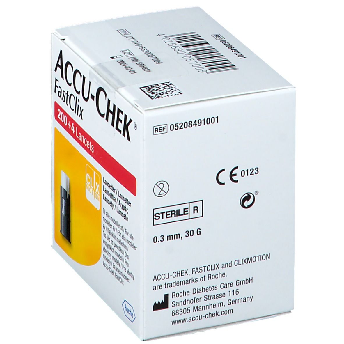 ACCU-CHEK FastClix Lanzetten, 200+4 Stück. Seitenansicht der Verpackung mit CE-Zeichen und Sterilitätshinweis.