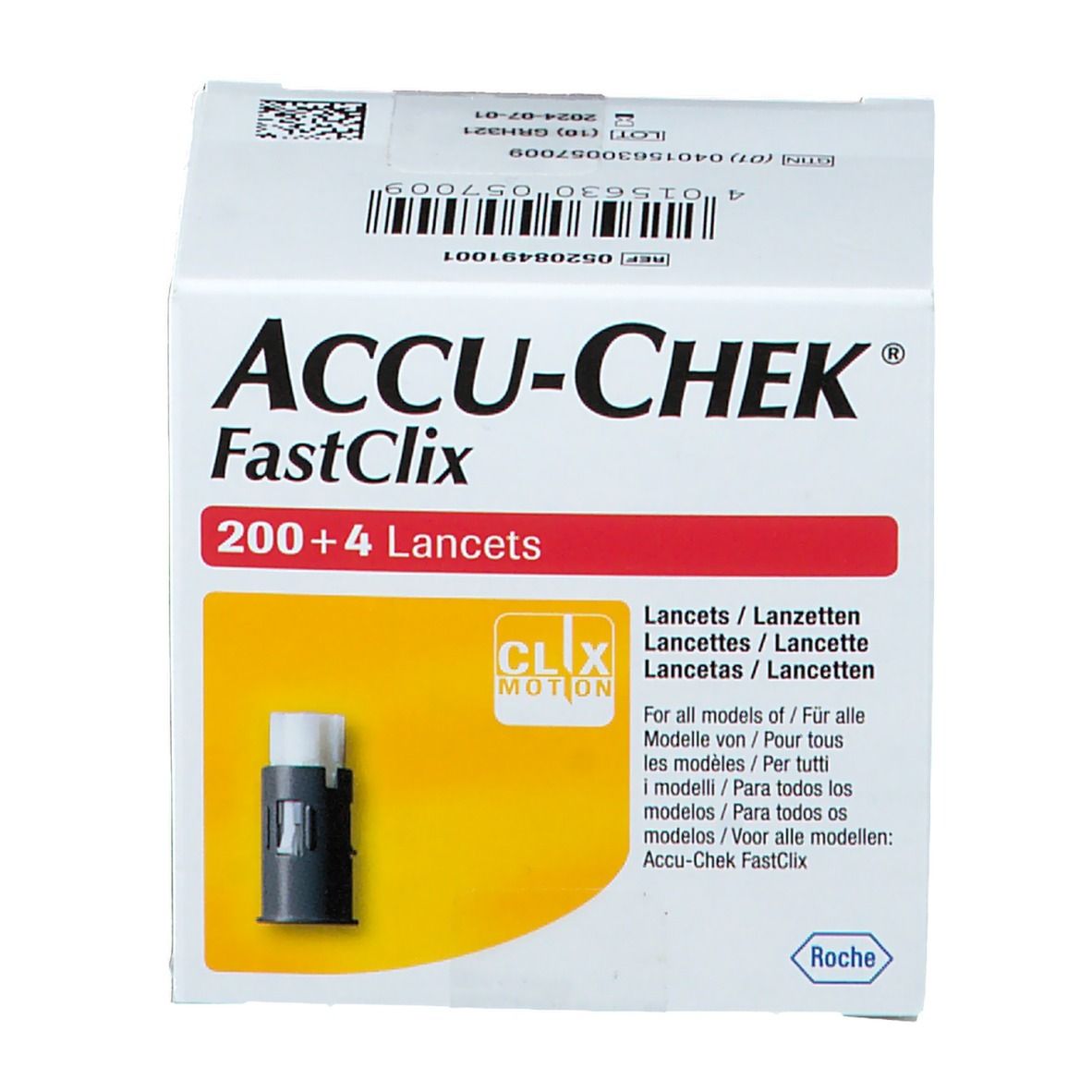 ACCU-CHEK FastClix Lanzetten, 200+4 Stück. Verpackung mit Detailabbildung einer Lanzette.