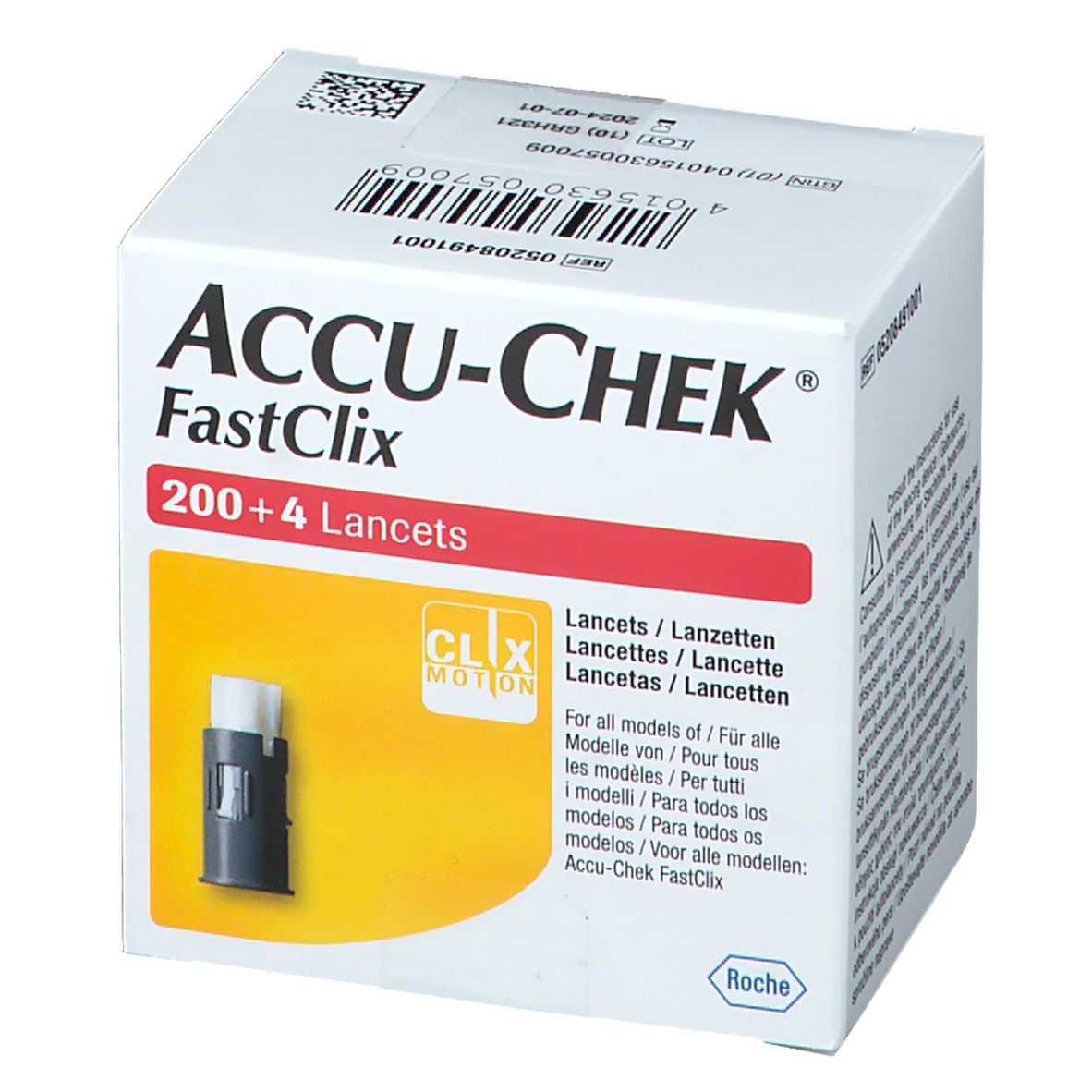 ACCU-CHEK FastClix Lanzetten, 200+4 Stück. Verpackung mit Produktabbildung und Herstellerinformationen.