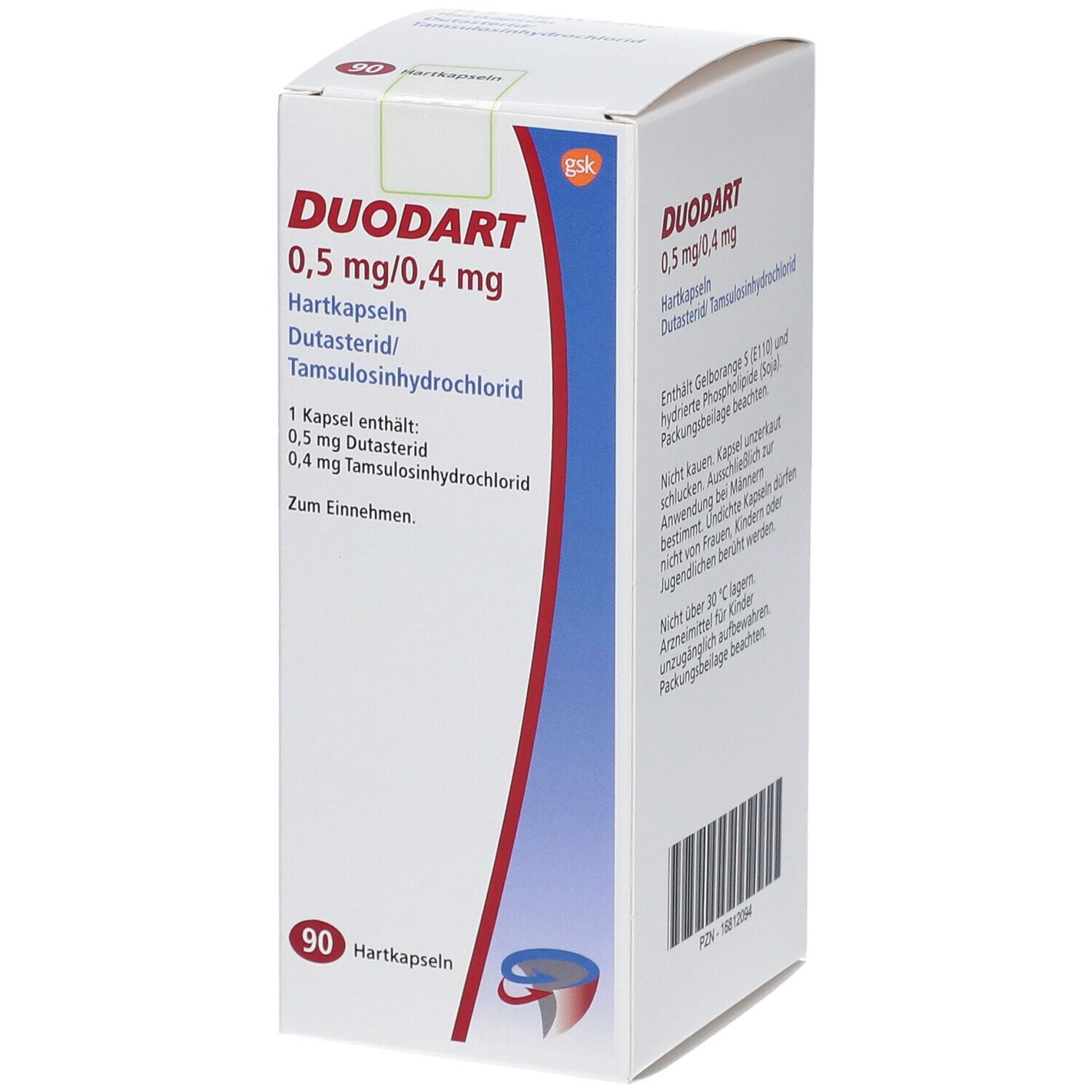 Weißer Karton mit roter und blauer Grafik. Aufschrift: DUODART 0,5 mg/0,4 mg. Enthält 90 Hartkapseln.