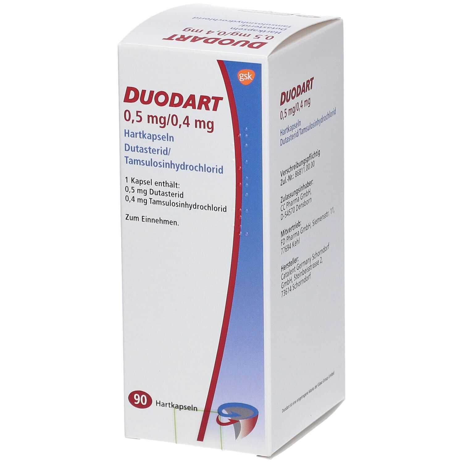 Weißer Karton mit roter und blauer Grafik. Aufschrift: DUODART 0,5 mg/0,4 mg. Enthält 90 Hartkapseln.