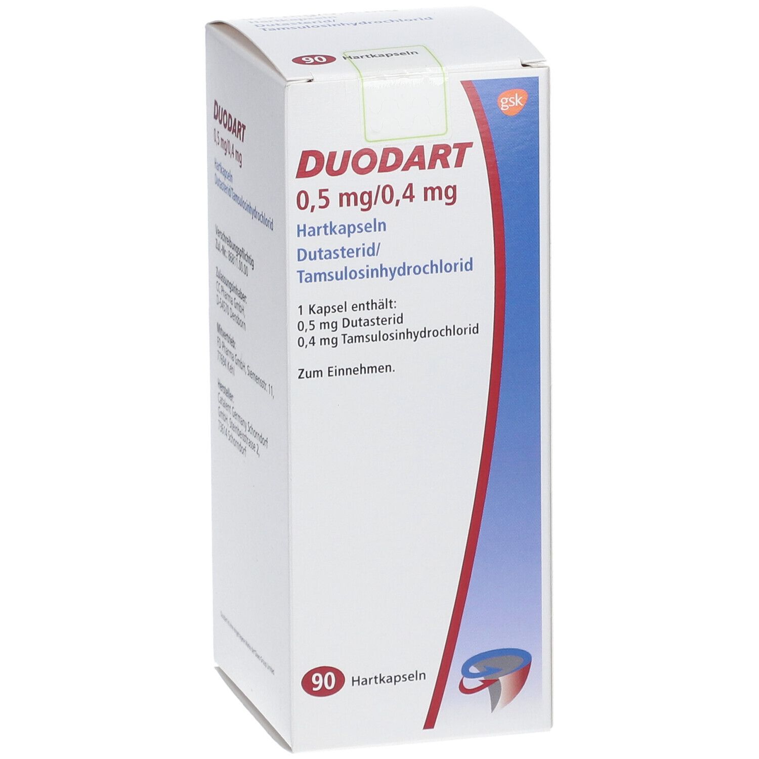 Weißer Karton mit roter und blauer Grafik. Aufschrift: DUODART 0,5 mg/0,4 mg. Enthält 90 Hartkapseln.