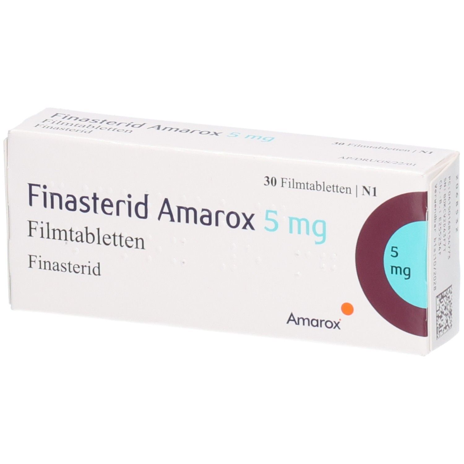Packung Finasterid Amarox 5 mg Filmtabletten, 30 Stück.
