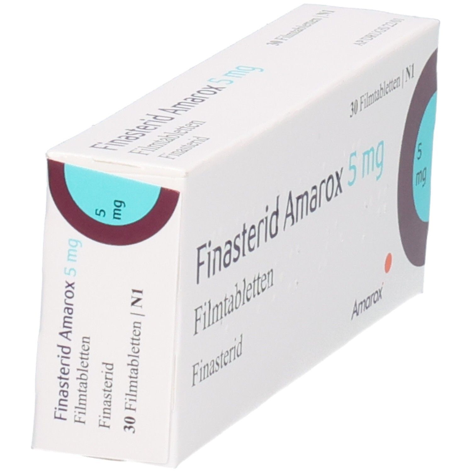 Packung Finasterid Amarox 5 mg Filmtabletten, 30 Stück, Seitenansicht.