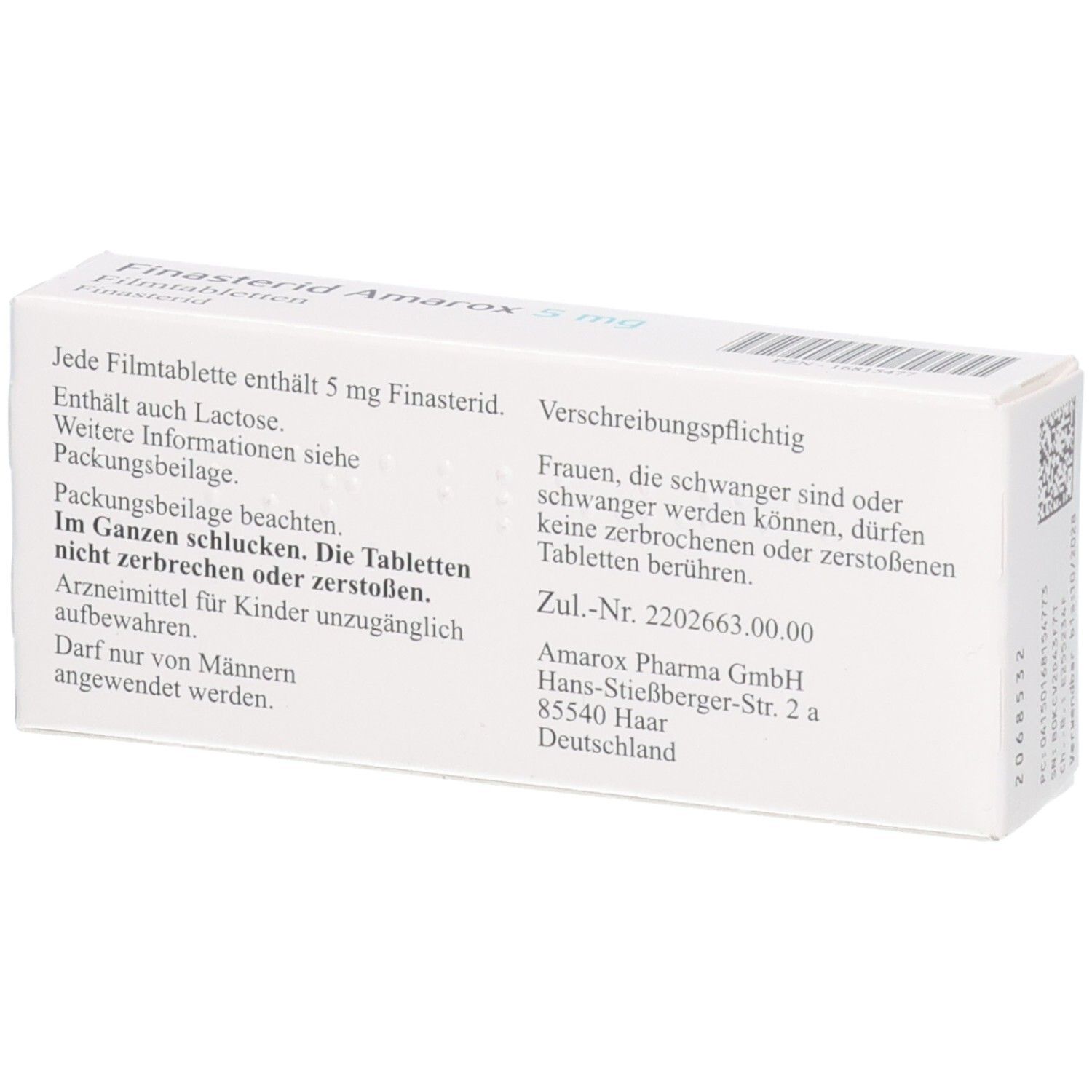 Rückseite der Packung Finasterid Amarox 5 mg Filmtabletten mit Dosierungsinformationen.