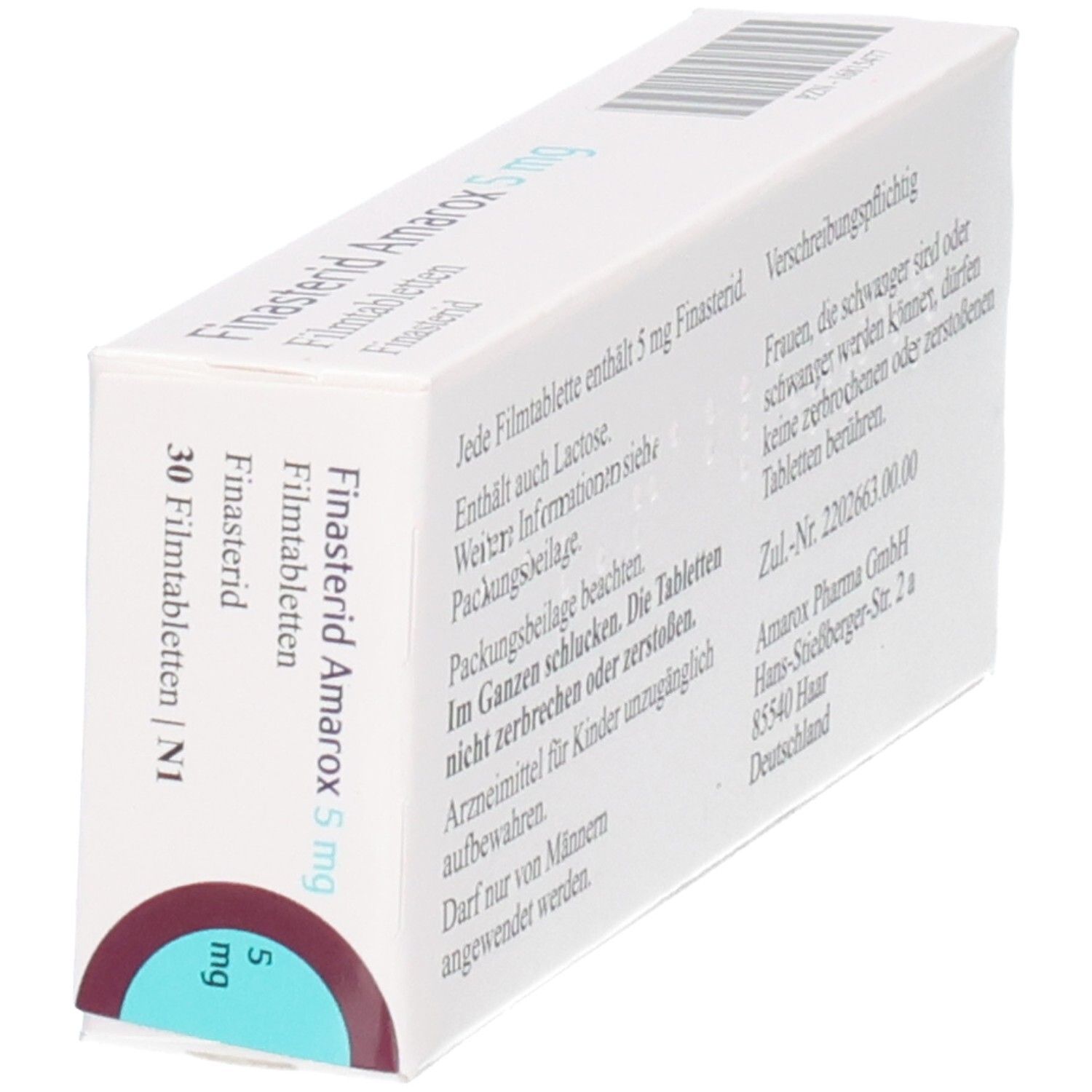 Packung Finasterid Amarox 5 mg Filmtabletten, 30 Stück, schräge Ansicht.