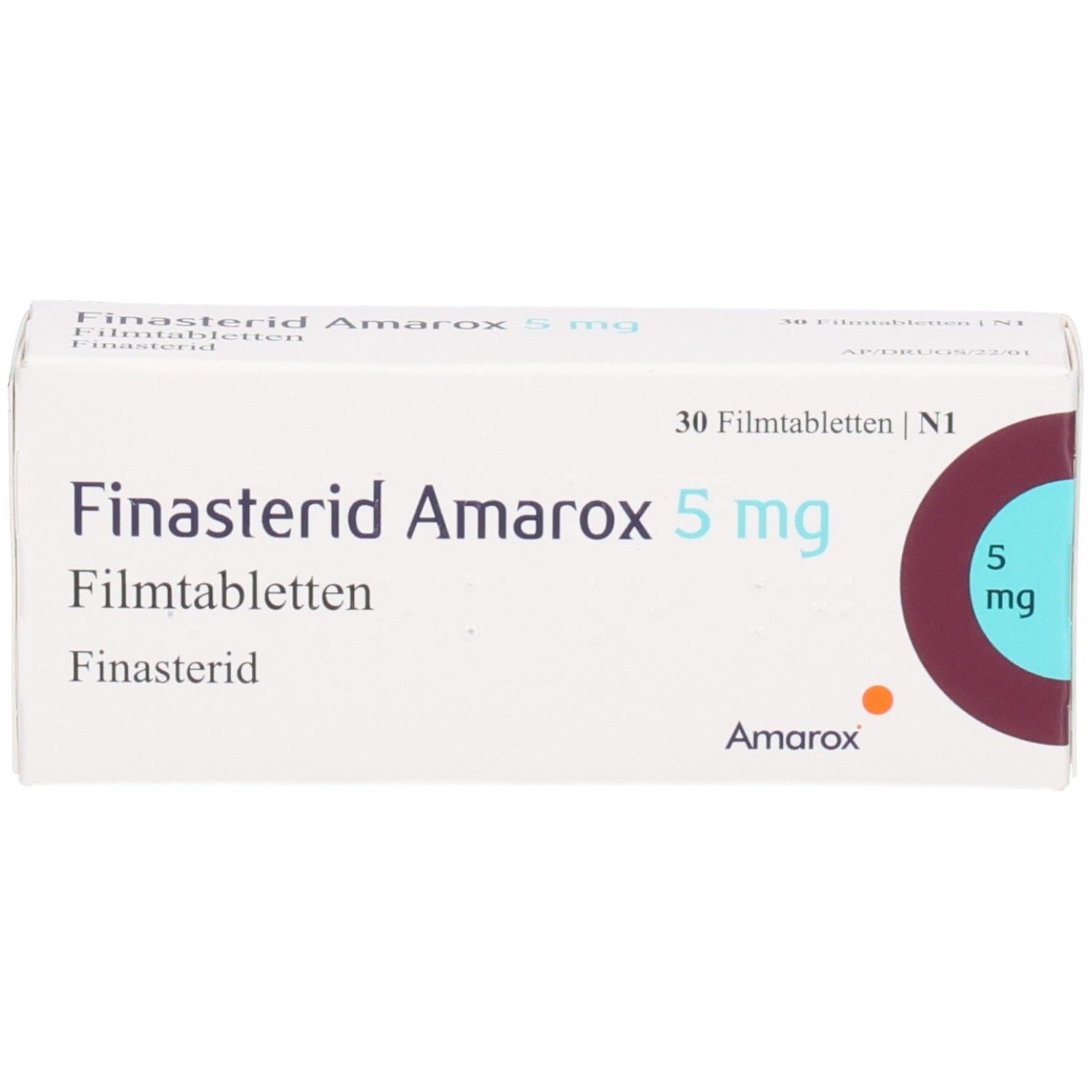 Packung Finasterid Amarox 5 mg Filmtabletten, 30 Stück.