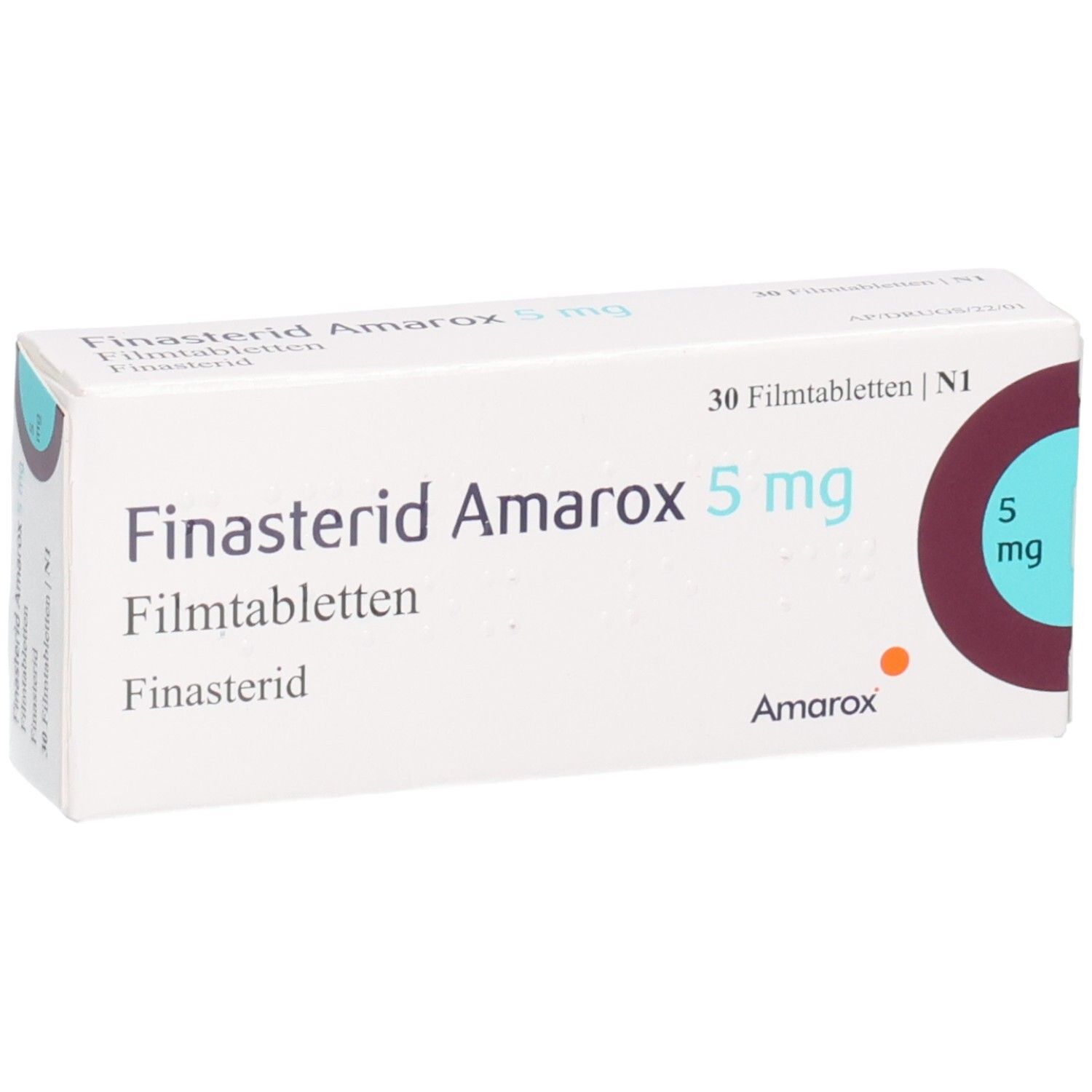 Packung Finasterid Amarox 5 mg Filmtabletten, 30 Stück.