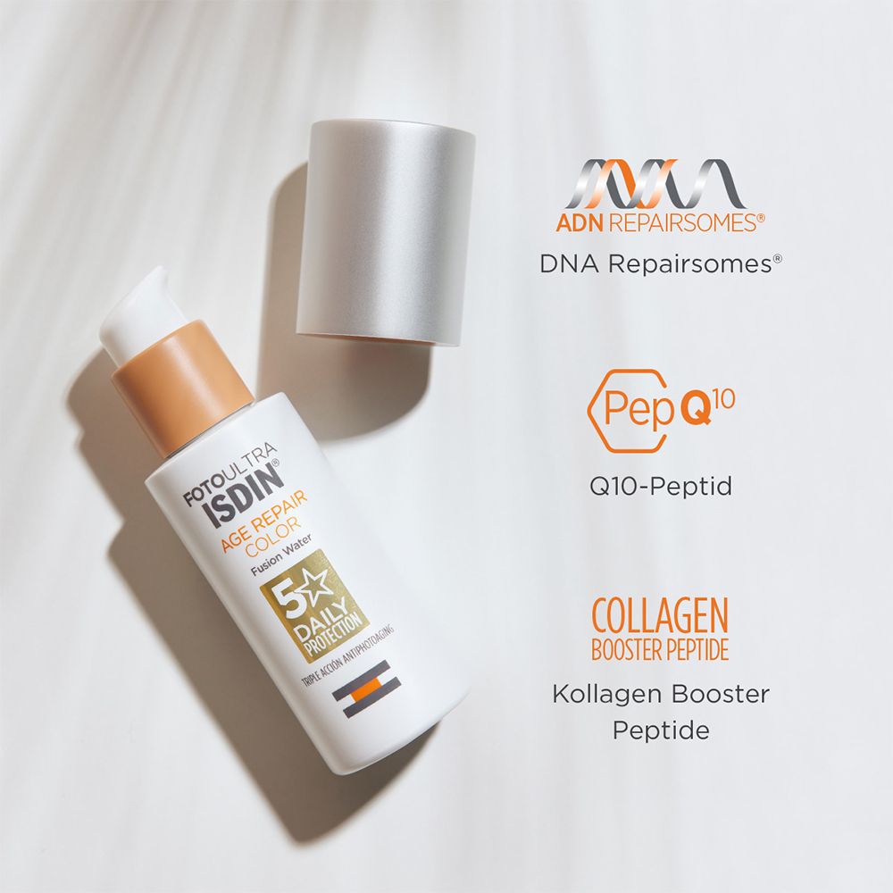 Sonnencreme mit geöffneter Kappe. Text: DNA Repairosomes, Q10-Peptid, Kollagen Booster Peptid.