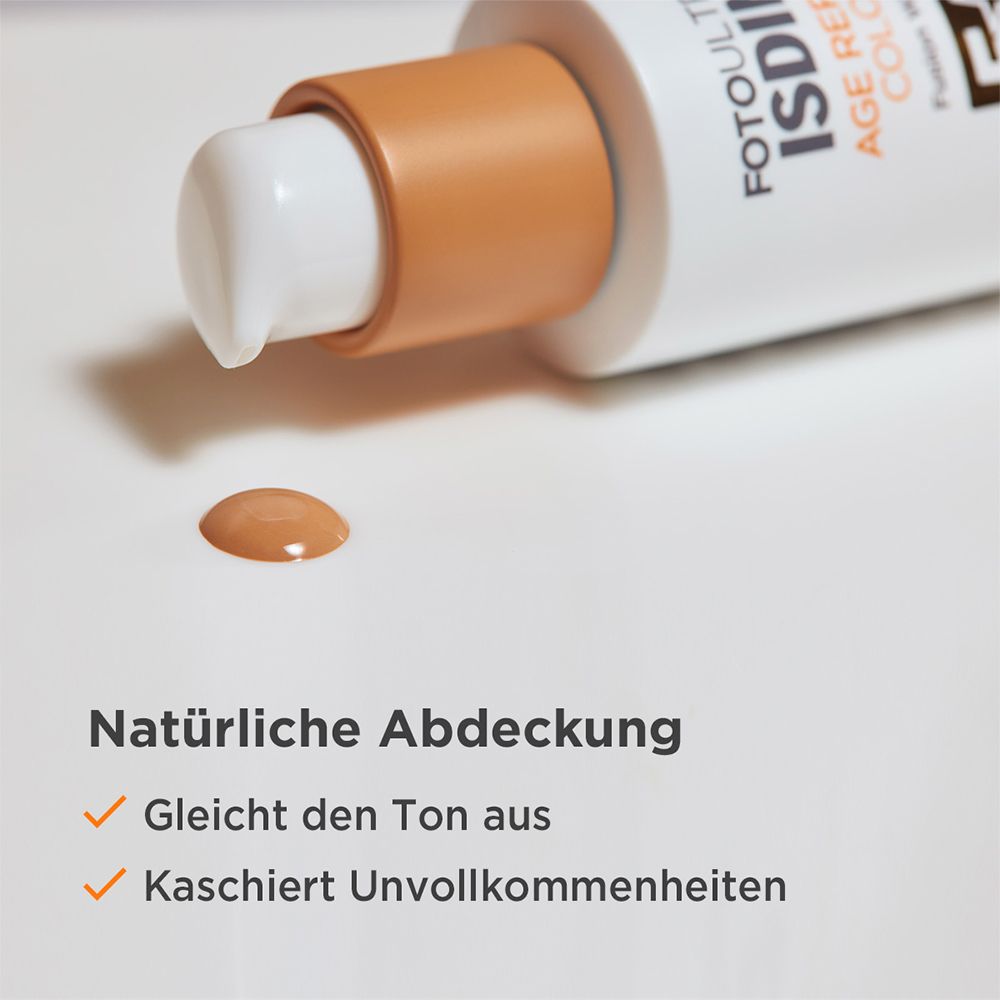 Sonnencreme-Tropfen. Text: Natürliche Abdeckung, gleicht den Ton aus, kaschiert Unvollkommenheiten.