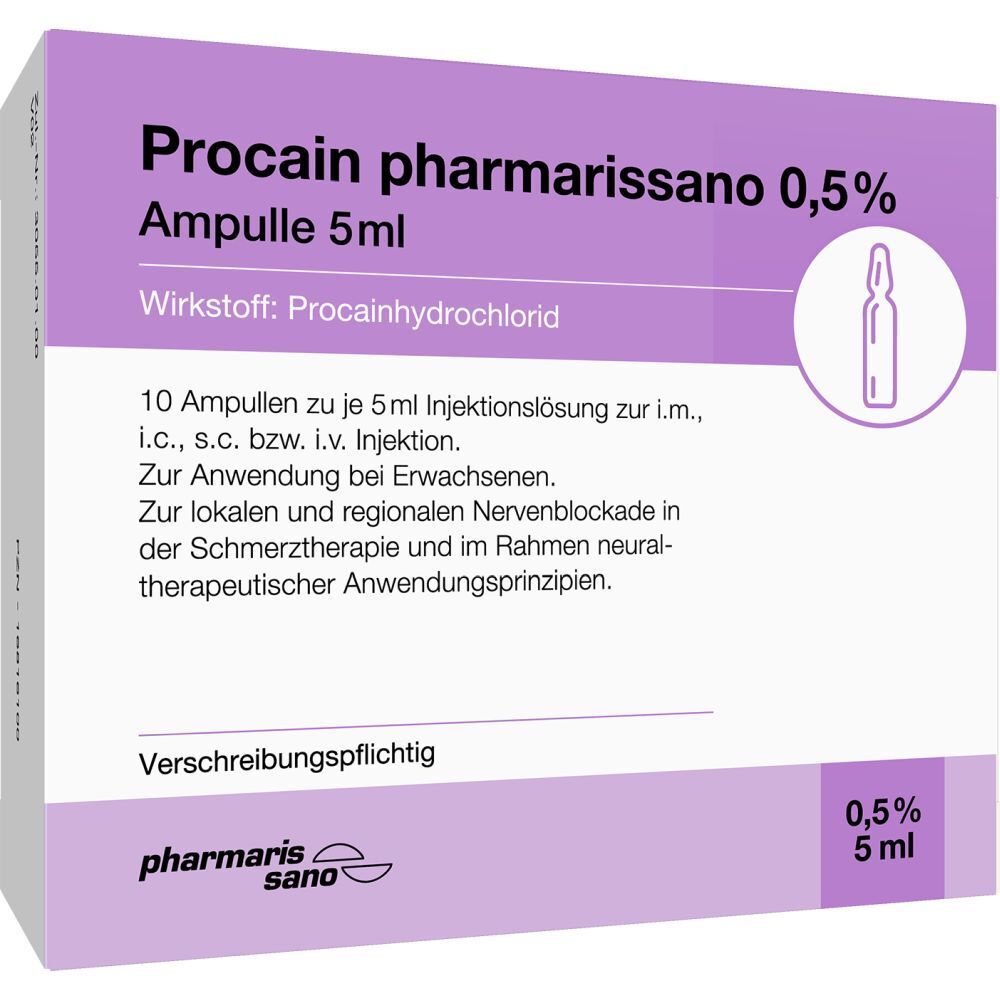 Packung mit PROCAIN pharmarissano 0,5% Ampullen. Enthält 10 Ampullen. Aufschrift: 0,5%, 5 ml. Logo: pharmaris sano.