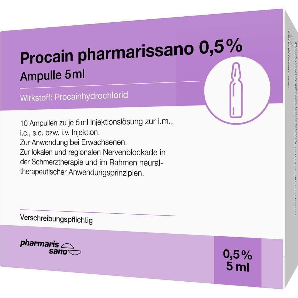 Packung mit PROCAIN pharmarissano 0,5% Ampullen. Enthält 10 Ampullen. Aufschrift: 0,5%, 5 ml. Logo: pharmaris sano.