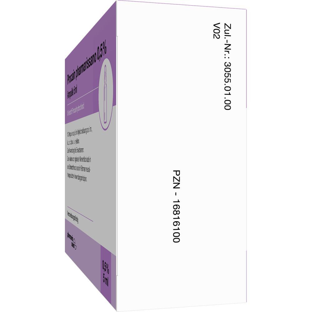 Seitenansicht der Packung mit PROCAIN pharmarissano 0,5% Ampullen. Aufschrift: PZN-16816100, Zul.-Nr.: 3055.01.00.
