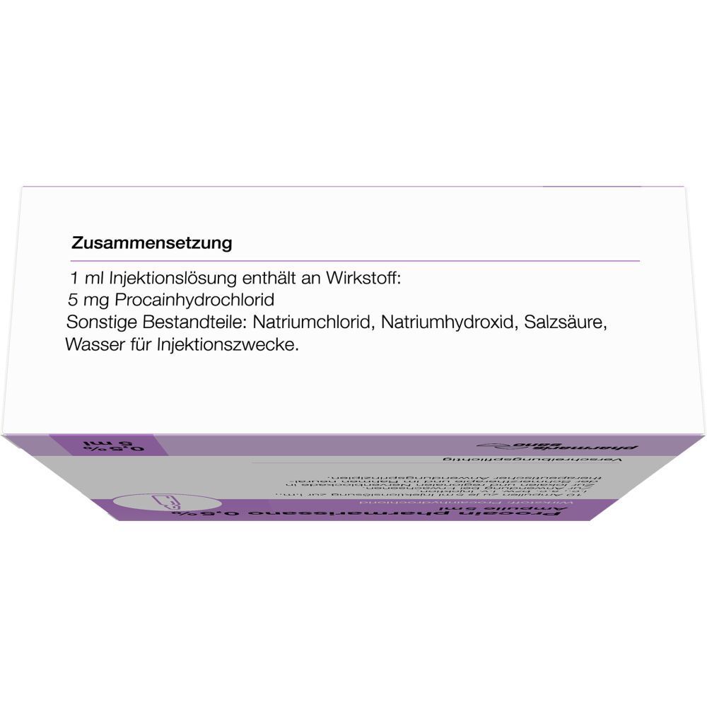 Oberansicht der Packung mit PROCAIN pharmarissano 0,5% Ampullen. Aufschrift: Zusammensetzung, 5 mg Procainhydrochlorid.