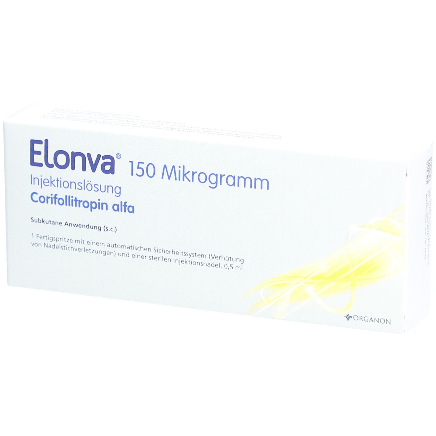 Weiße Verpackung mit Produktnamen und Informationen. Text: Elonva 150 Mikrogramm Injektionslösung. Corifollitropin alfa.