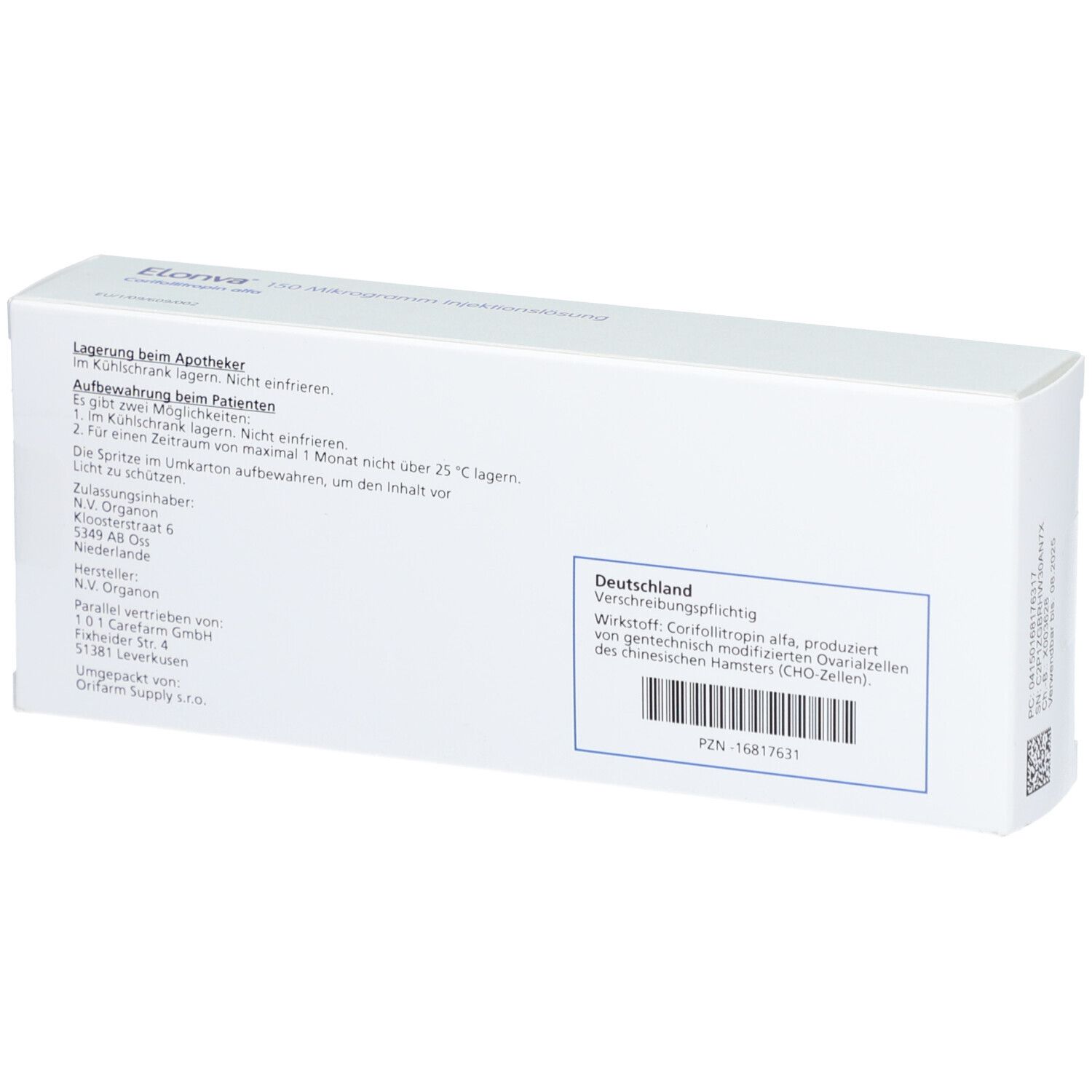 Rückseite einer weißen Verpackung. Text: Informationen zur Lagerung, Herstellerangaben, PZN-Nummer und Barcode.