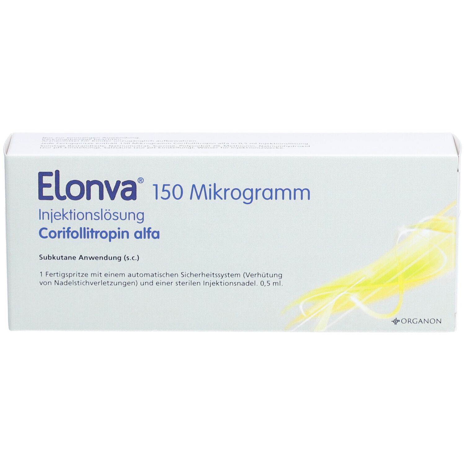 Weiße Verpackung mit Produktnamen und Informationen. Text: Elonva 150 Mikrogramm Injektionslösung. Corifollitropin alfa.
