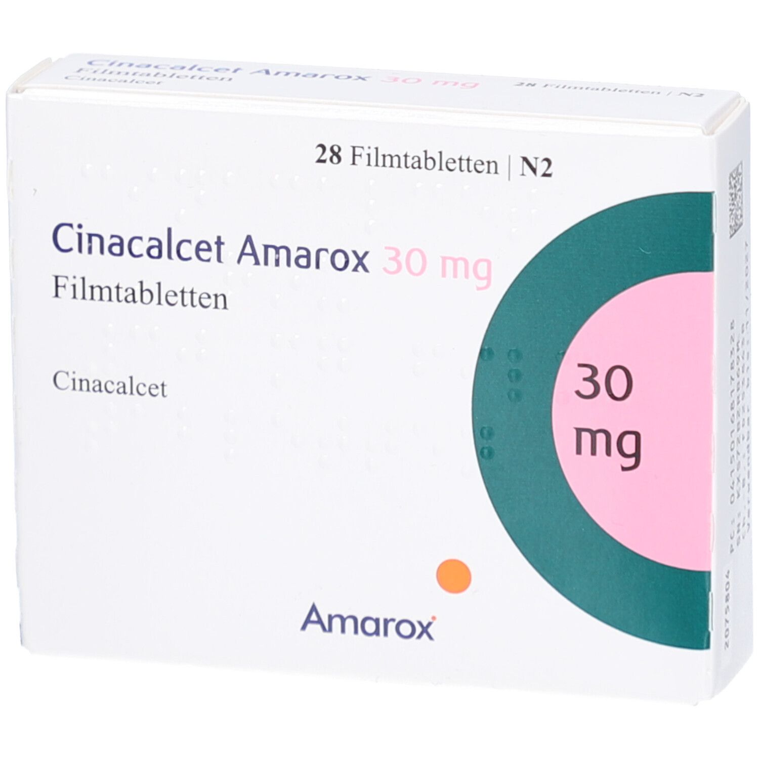 Schachtel mit Cinacalcet Amarox 30 mg Filmtabletten. Aufdruck: 30 mg, Amarox-Logo.