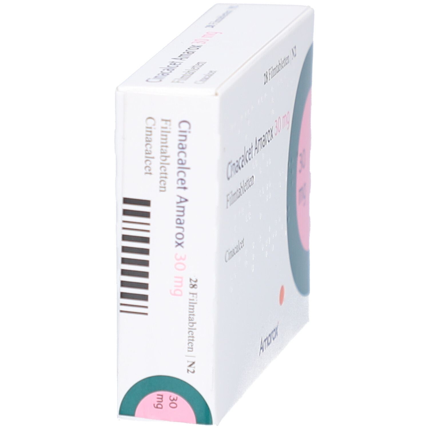 Schachtel Cinacalcet Amarox 30 mg Filmtabletten, Seitenansicht mit Barcode.
