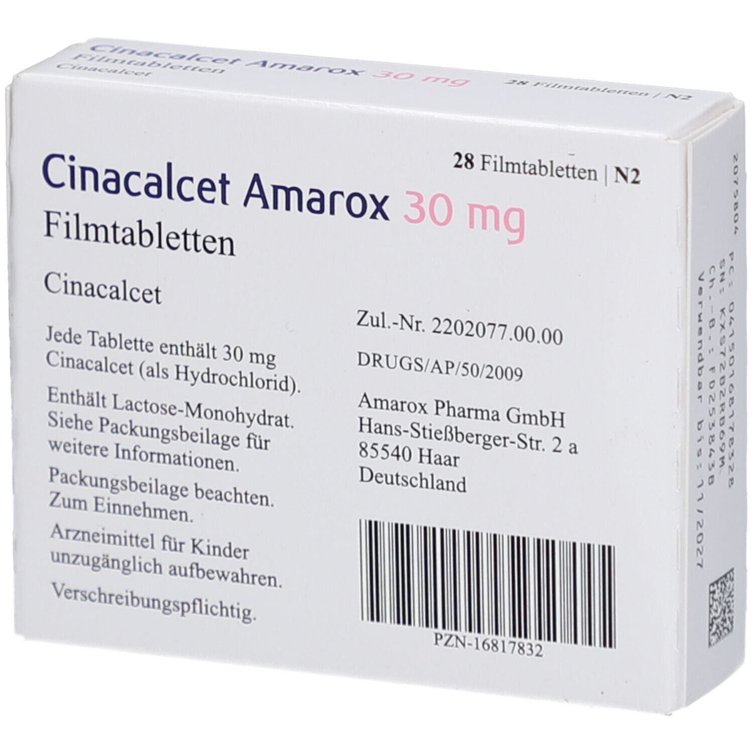 Schachtel Cinacalcet Amarox 30 mg Filmtabletten, Rückseite mit Text und PZN-Nummer.