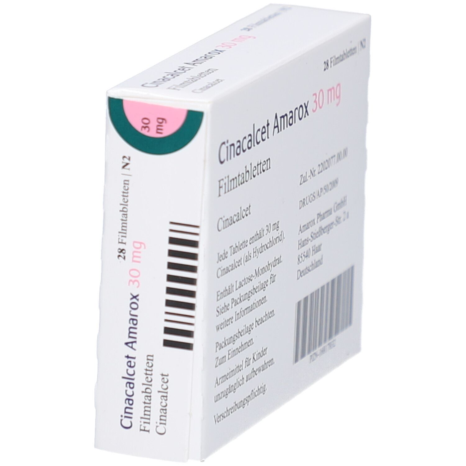 Schachtel Cinacalcet Amarox 30 mg Filmtabletten, schräge Ansicht mit Barcode.