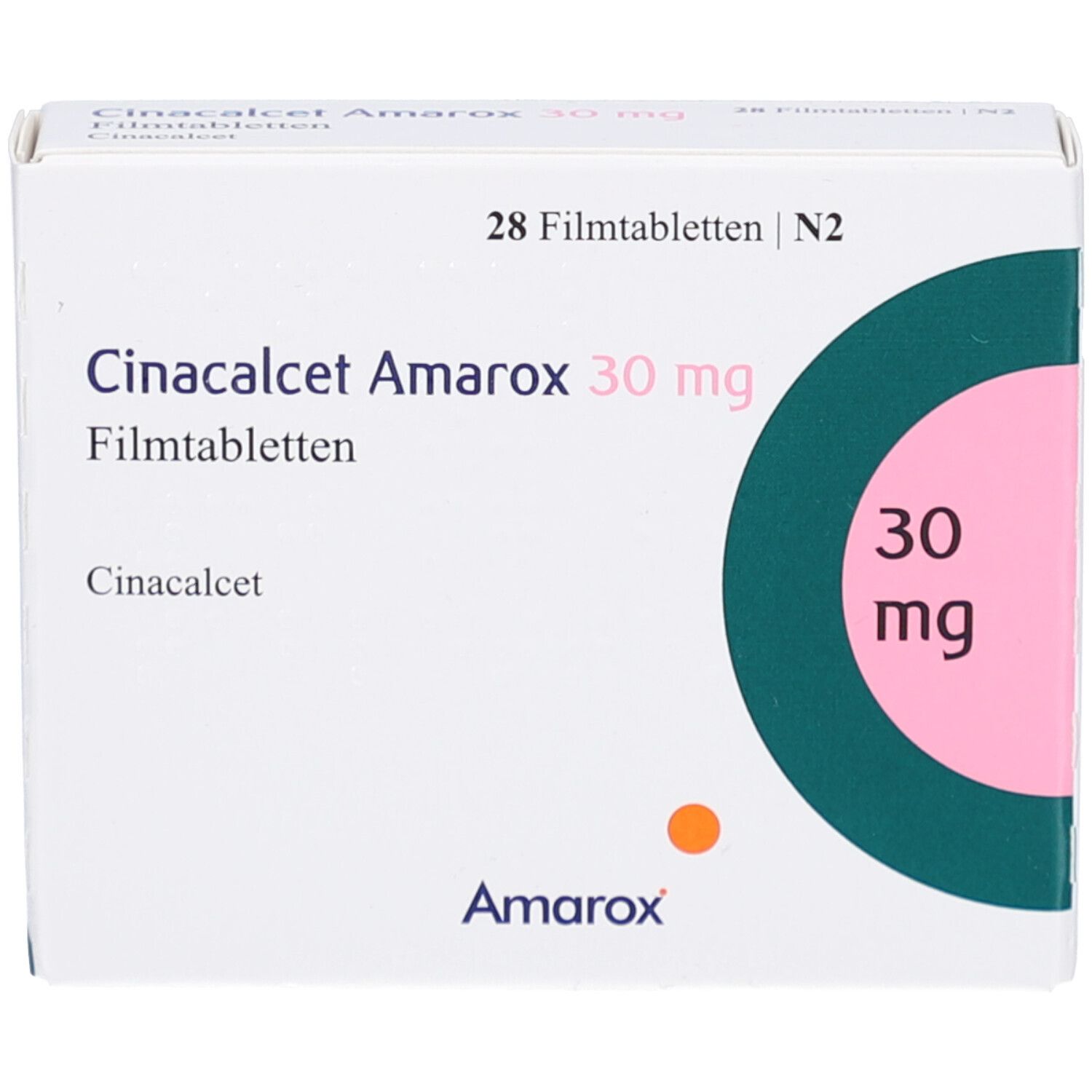 Schachtel mit Cinacalcet Amarox 30 mg Filmtabletten. Aufdruck: 30 mg, Amarox-Logo.