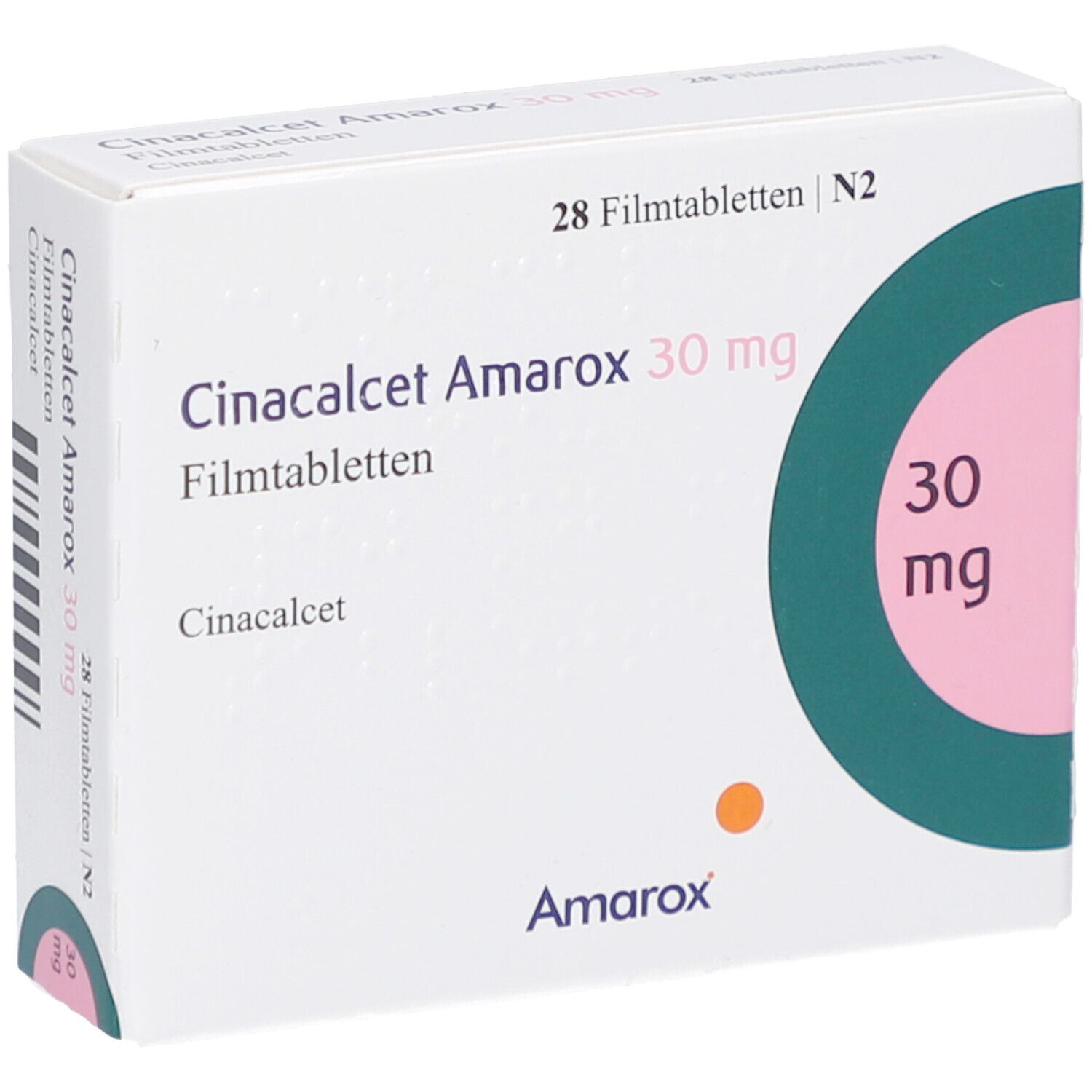 Schachtel mit Cinacalcet Amarox 30 mg Filmtabletten. Aufdruck: 30 mg, Amarox-Logo.