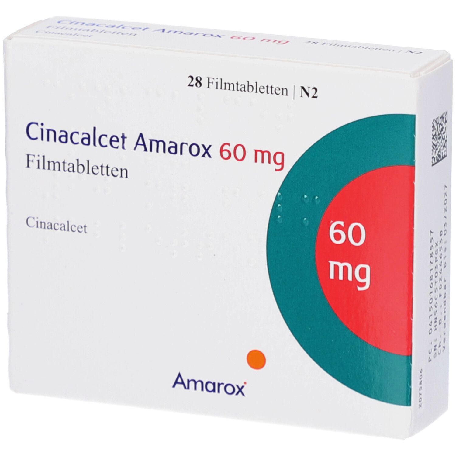Schachtel mit CINACALCET Amarox 60 mg Filmtabletten. Aufschrift: 28 Filmtabletten, 60 mg. Marke Amarox.
