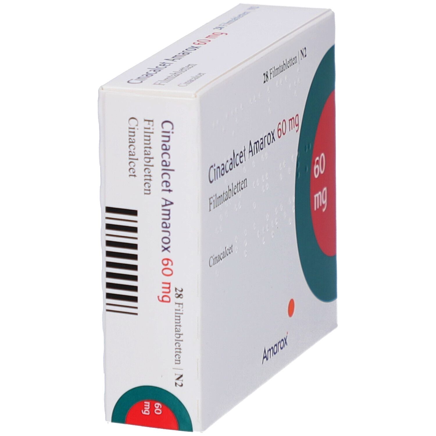 Schachtel mit CINACALCET Amarox 60 mg Filmtabletten, schräg. Aufschrift: 28 Filmtabletten, 60 mg. Marke Amarox.