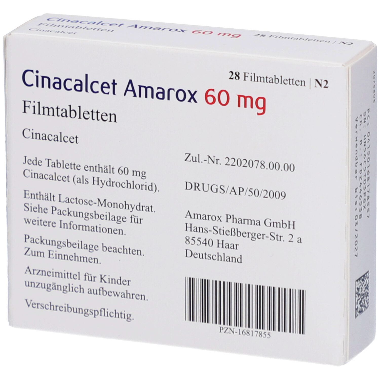 Rückseite der Schachtel mit CINACALCET Amarox 60 mg Filmtabletten. Enthält Informationen zu Inhaltsstoffen und Hersteller.