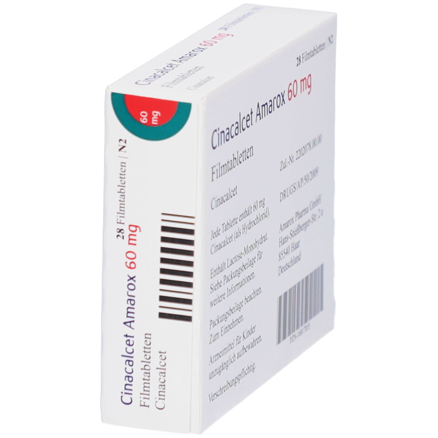 Schachtel mit CINACALCET Amarox 60 mg Filmtabletten, schräg. Rückseite mit Inhaltsstoffen und Herstellerinformationen.