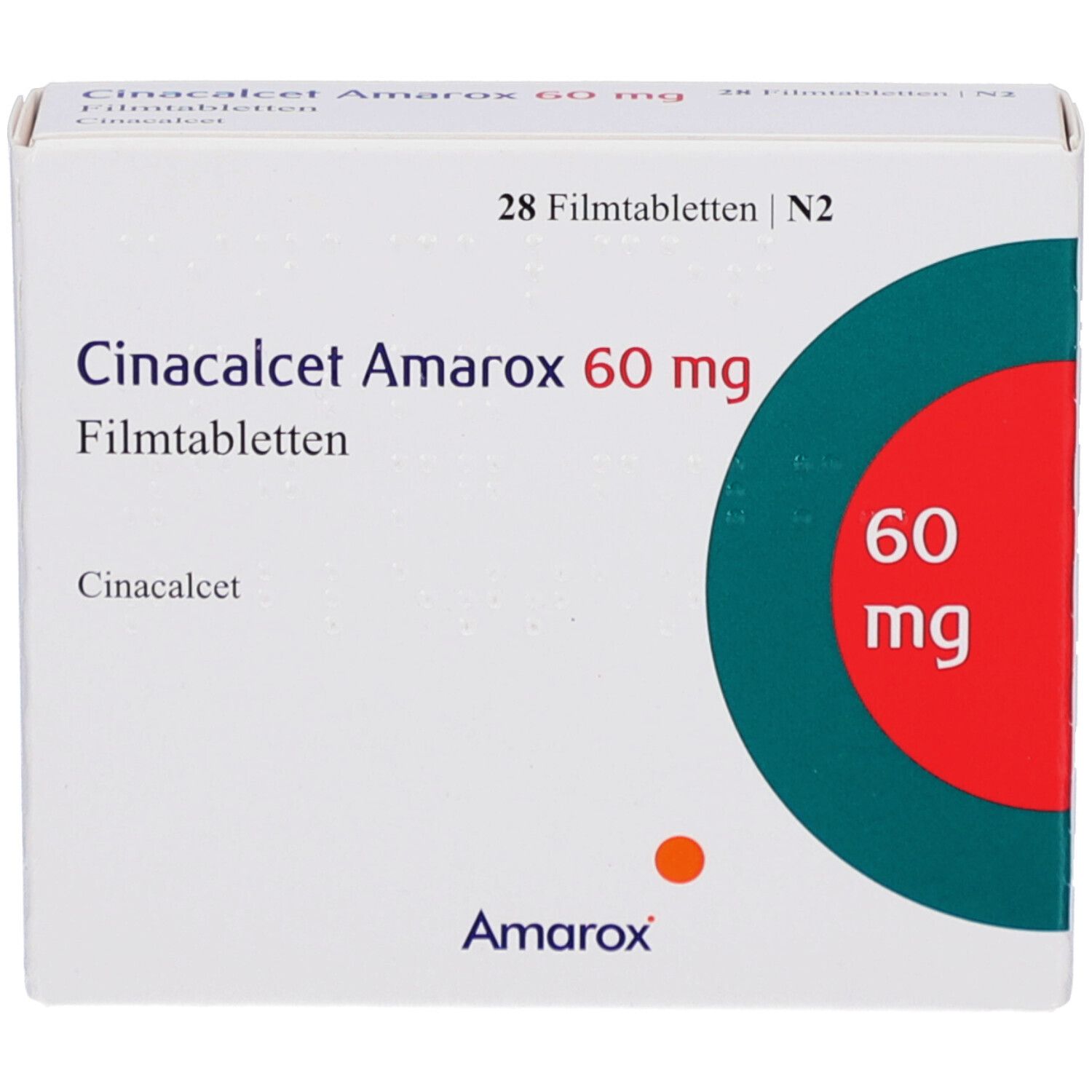 Schachtel mit CINACALCET Amarox 60 mg Filmtabletten. Aufschrift: 28 Filmtabletten, 60 mg. Marke Amarox.