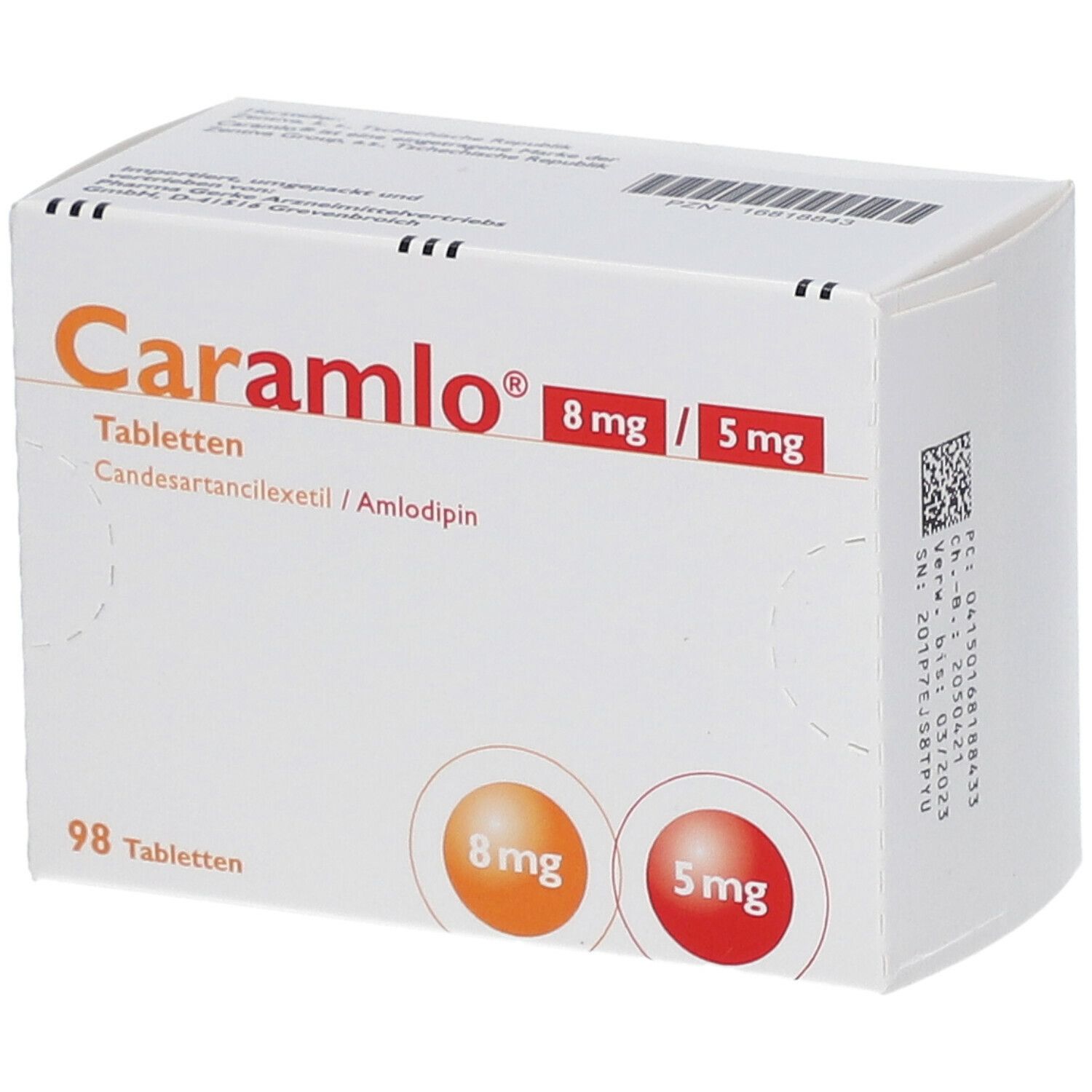 Weiße Tablettenbox mit orangefarbenem und rotem Logo. Beschriftung: Caramlo 8 mg / 5 mg, 98 Tabletten.
