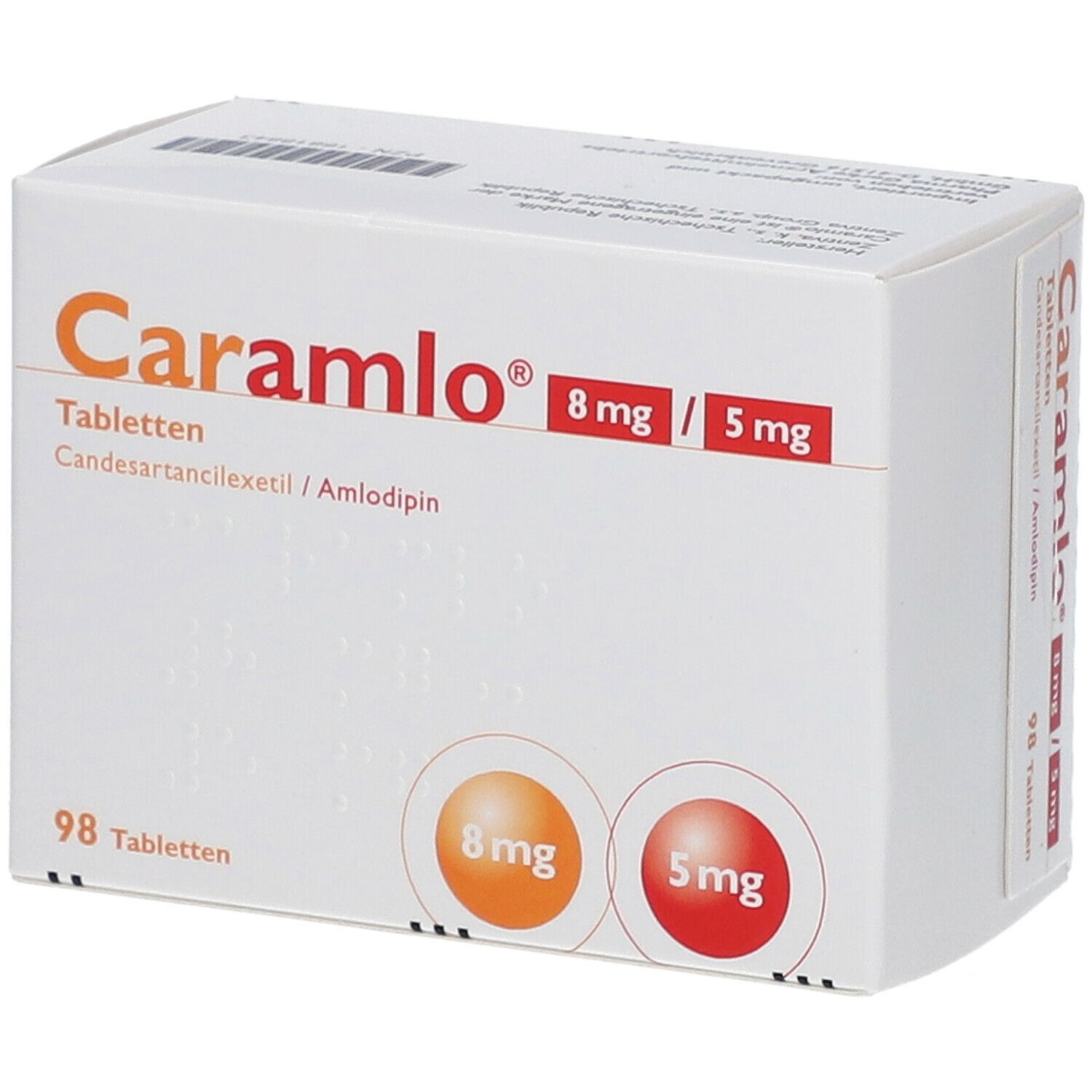 Weiße Tablettenbox mit orangefarbenem und rotem Logo. Beschriftung: Caramlo 8 mg / 5 mg, 98 Tabletten.