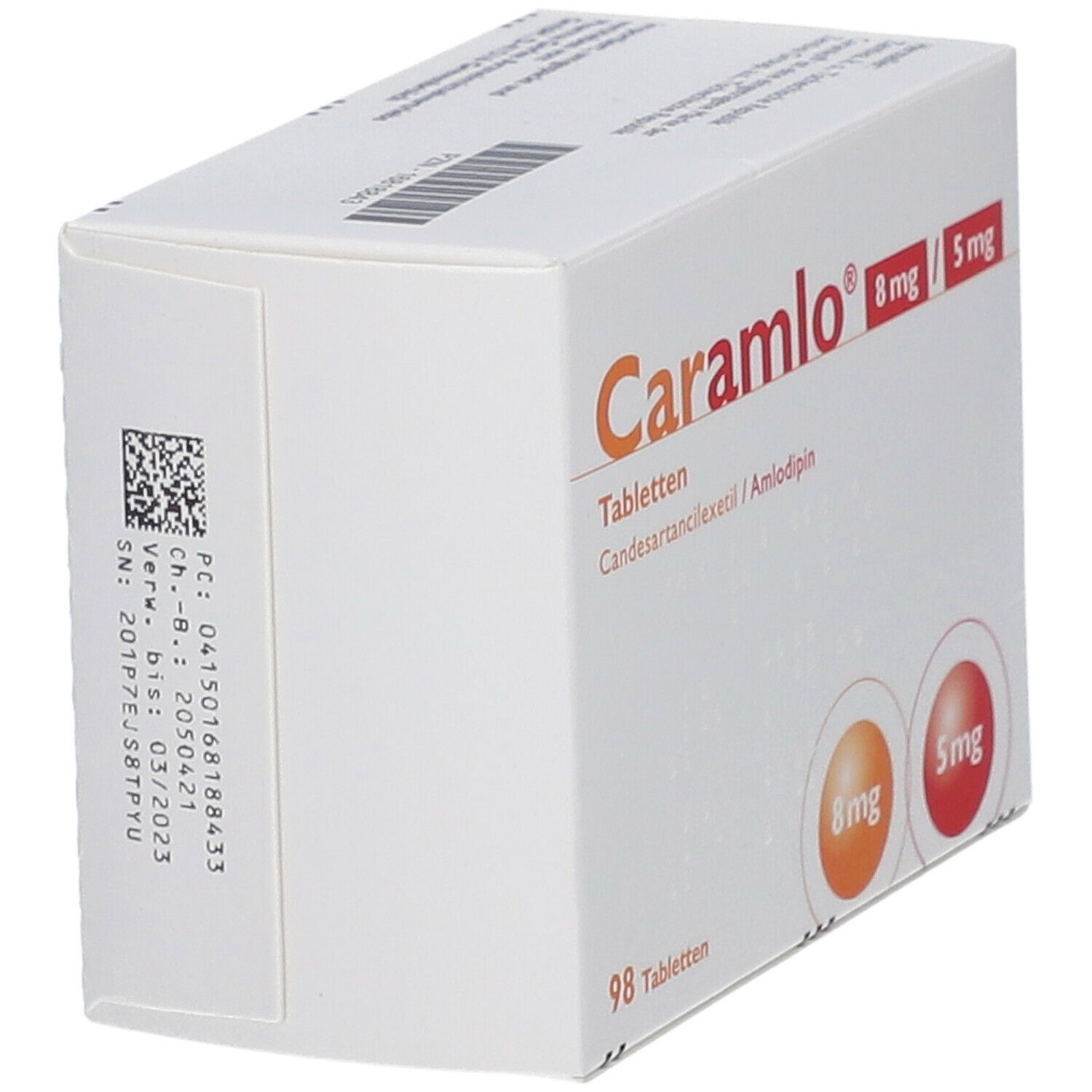 Weiße Tablettenbox mit orangefarbenem und rotem Logo. Beschriftung: Caramlo 8 mg / 5 mg, 98 Tabletten.