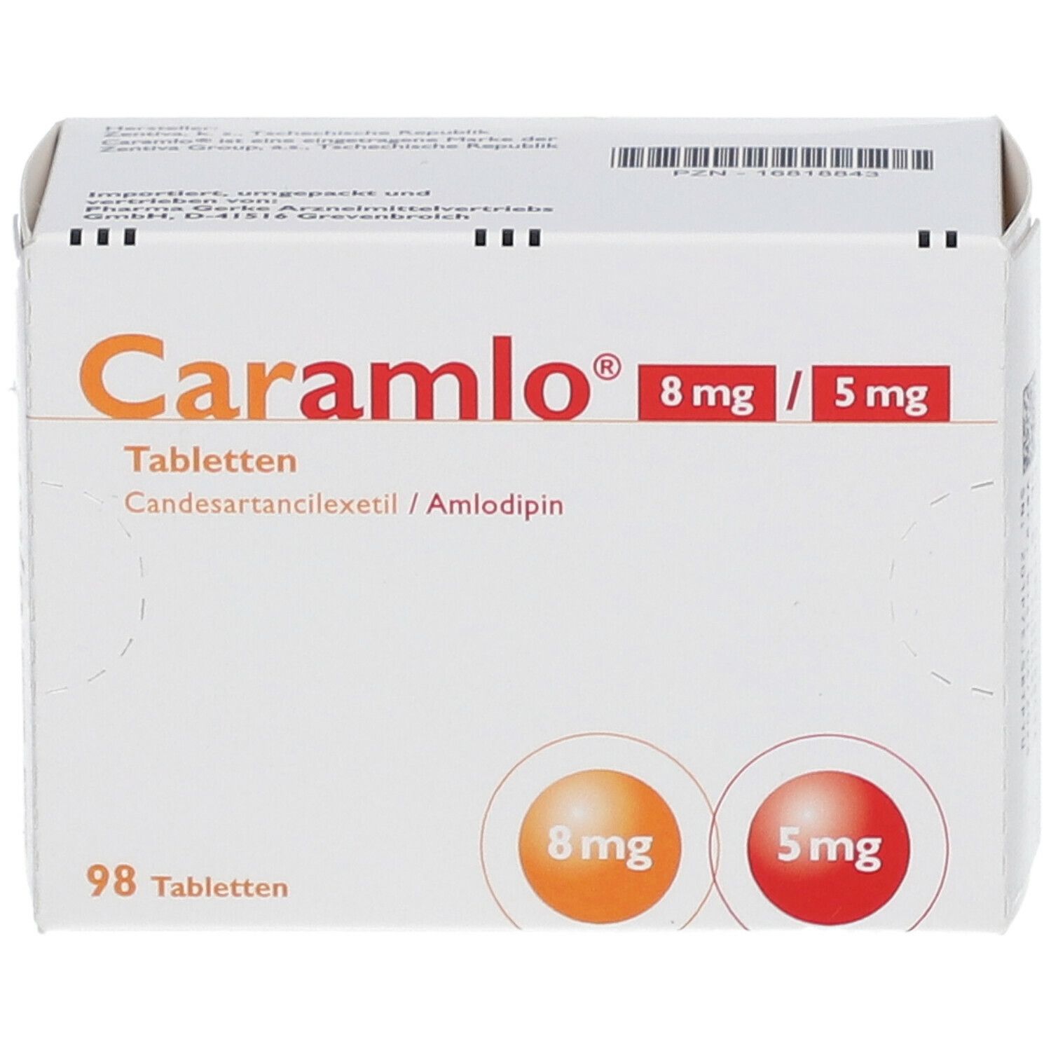 Weiße Tablettenbox mit orangefarbenem und rotem Logo. Beschriftung: Caramlo 8 mg / 5 mg, 98 Tabletten.